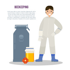 Beekeeper at apiary. Beekeeping vector concept with different  items.