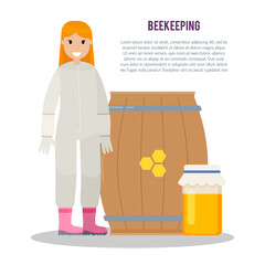 Beekeeper at apiary. Beekeeping vector concept with different  items.