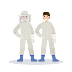 Male farmer using beekeeper suit. Beekeeper at apiary.