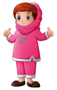 Happy muslim girl cartoon giving thumb up isolated on white background