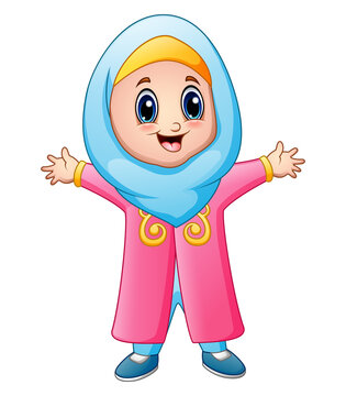 Happy muslim girl cartoon waving isolated on white background