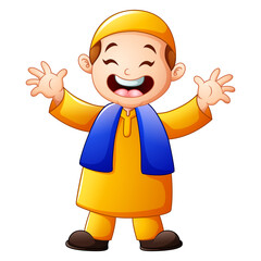 Happy muslim kid cartoon waving hand isolated on white background