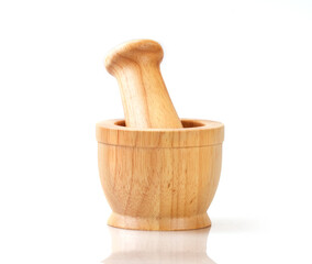 Close up the wooden mortar on white background