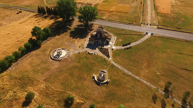 Aerial drone video of Agia Foteini, weirdest church in Greece, Mantineia, Peloponnese, Greece