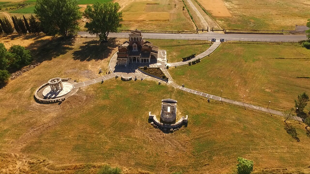 Aerial drone video of Agia Foteini, weirdest church in Greece, Mantineia, Peloponnese, Greece