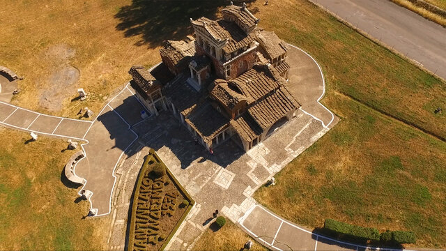 Aerial drone photo of Agia Foteini the weirdest church in Greece, Peloponnese, Greece