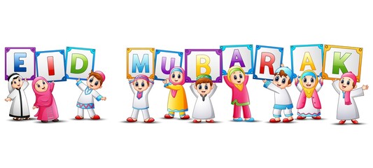 Happy cartoon kid celebrate eid mubarak