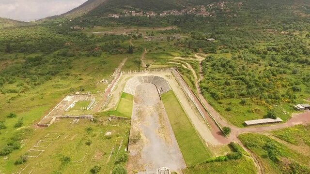 Aerial drone video of Ancient Messene archaeological site, Peloponnese, Greece