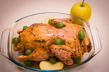 Raw duck carcass prepared for roasting. Whole raw duck ready to cook