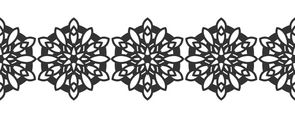 Ornate decorative snowflakes on a white background. Flat black silhouette, lace