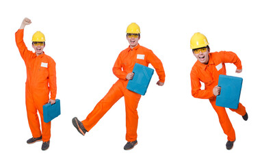 Man in orange coveralls isolated on white