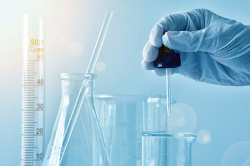 A close-up of a laboratory glass, Dropping substances in to solution.
