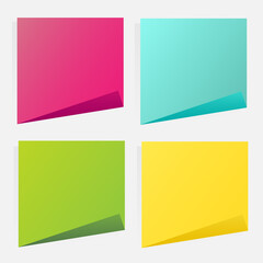 Collection of different colored sheets of note papers with push pin, ready for your message. Vector illustration. Isolated on white background. Front view. Close up.