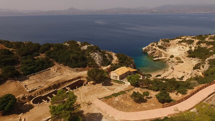 Aerial drone photo of Heraion and Lake Vouliagmeni, Loutraki, Greece