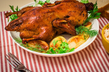 Festive baked duck with apples close-up on a plate on a table.