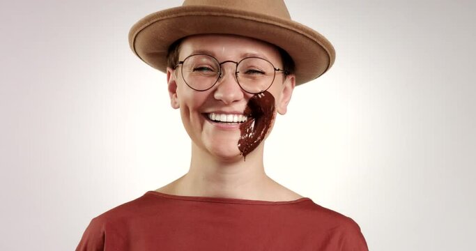 boring woman receive a ice cream in cheek and laughing