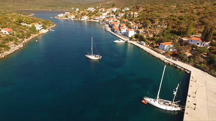 Aerial drone photo of natural fjord of Gerakas and small village, Peloponnese, Greece