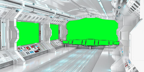 Spaceship interior with view on green windows 3D rendering
