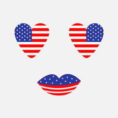Heart shape american flag icon set. Face with eyes and lips. Star and strip. Happy independence day United states of America. 4th of July. Greeting card. Flat design.