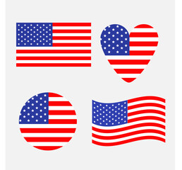 American flag icon set. Waving, round, heart shape. Happy Independence day sign symbol. Isolated. Whte background. Flat design element.