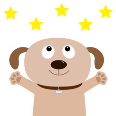 Dog face. Pet collection. Puppy pooch looking up to yellow star shape, paw print hug. Flat design. Cute cartoon funny character. White background. Isolated.