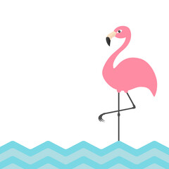 Pink flamingo. Blue sea ocean water zigzag wave. Exotic tropical bird. Zoo animal collection. Cute cartoon character. Decoration element. Flat design. White background. Isolated.