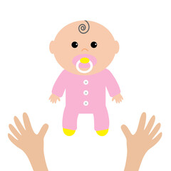 Two human hands. Mother care. Baby shower card. It's a girl. Flat design style. White background. Isolated.