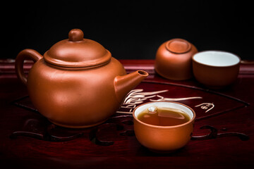Closeup of Chinese teapot set