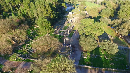 Aerial drone photo of Ancient Olympia birthplace of the Olympic Games, Peloponnese, Greece