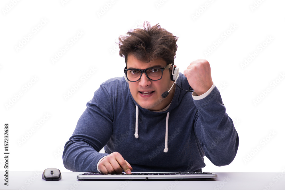 Aufkleber funny nerd man working on computer isolated on white