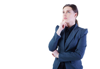 Portrait of a serious business woman thinking on isolated white background.