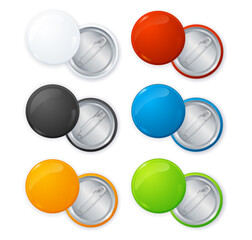 Realistic Empty Color Blank Circle Button Badge Pin Set. Vector