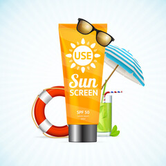 Sun Cream Summer Travel Concept. Vector