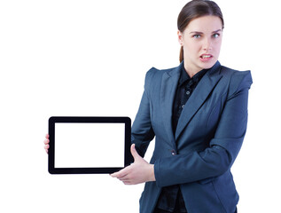 Photo of angry young business woman standing over white background showing display of tablet computer to camera. Focus on her eyes.