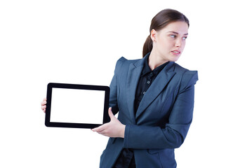 Photo of angry young business woman standing over white background showing display of tablet computer to camera. Focus on display.