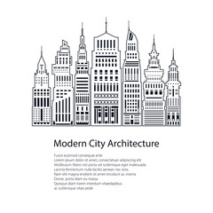 Obraz premium Flyer Modern Big City , Architecture Megapolis with Buildings and Skyscraper and Text, City Financial Center in Line Style , Poster Brochure Design, Black and White Vector Illustration