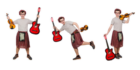 Funny scotsman with musical instrument isolated on white