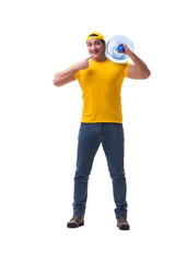 Man delivering water bottle isolated on white