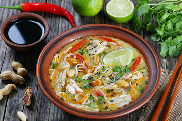 asian Chicken noodle soup  in clay bowl