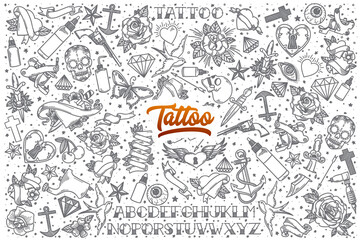 Hand drawn Tattoo doodle set background with orange lettering in vector - obrazy, fototapety, plakaty