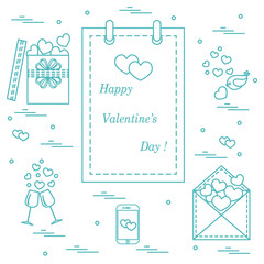 Cute vector illustration: calendar with Valentine’s Day, gifts, postal envelope, two stemware, smartphone, birds with hearts.