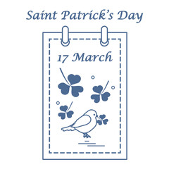 Cute vector illustration: calendar with bird and clover for St. Patrick's Day.