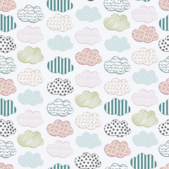 Abstract seamless vector pattern with clouds. Colorful stylized hand drawn cloudy sky texture on gray background