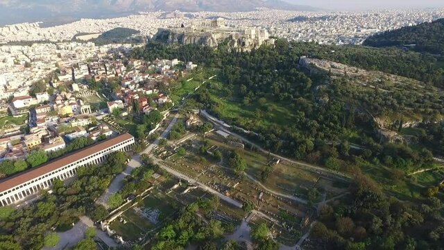 Aerial drone video of Ancient Agora, Athens historic center, Attica, Greece