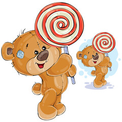 Naklejka premium Vector illustration of a brown teddy bear keeps in its paws lollipop. Print, template, design element