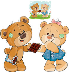 Naklejka premium Vector illustration of a brown teddy bear sweet tooth unfurled a chocolate bar and gives it to his girlfriend. Print, template, design element