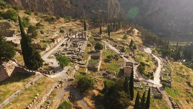 Aerial drone video of arcaheological site of Delphi, temple of Apollo, Greece
