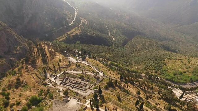 Aerial drone video of arcaheological site of Delphi, temple of Apollo, Greece
