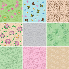 light seamless patterns with plants and butterflies - set of vector backgrounds