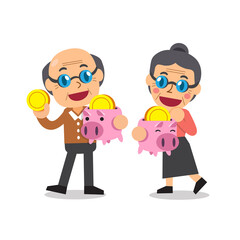 Cartoon senior people saving money in piggy bank
